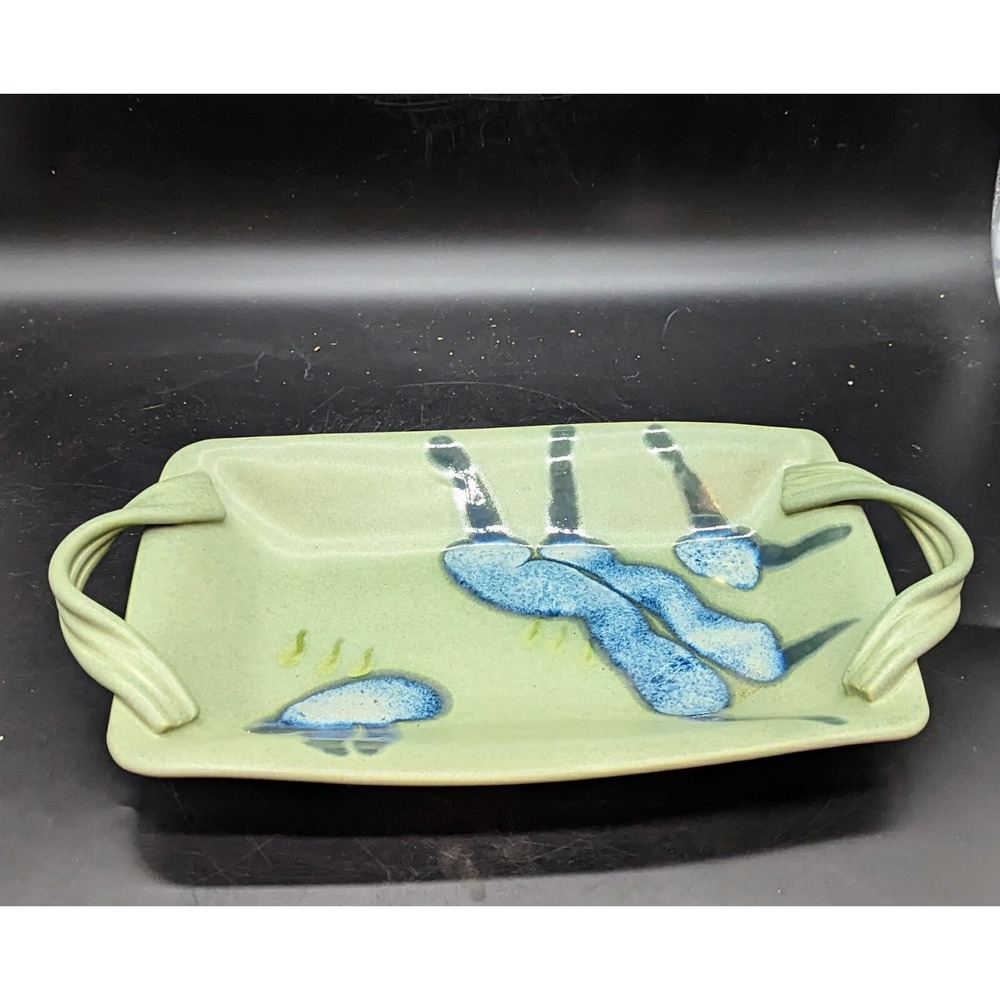 Vintage Hillborn Studio Art Pottery 14.5" Green Handled Tray Signed